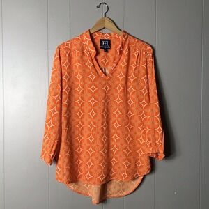 ESCAPADA ORANGE GEOMETRIC MOD PATTERN V NECK TUNIC LONG SLEEVE WOMENS SIZE LARGE